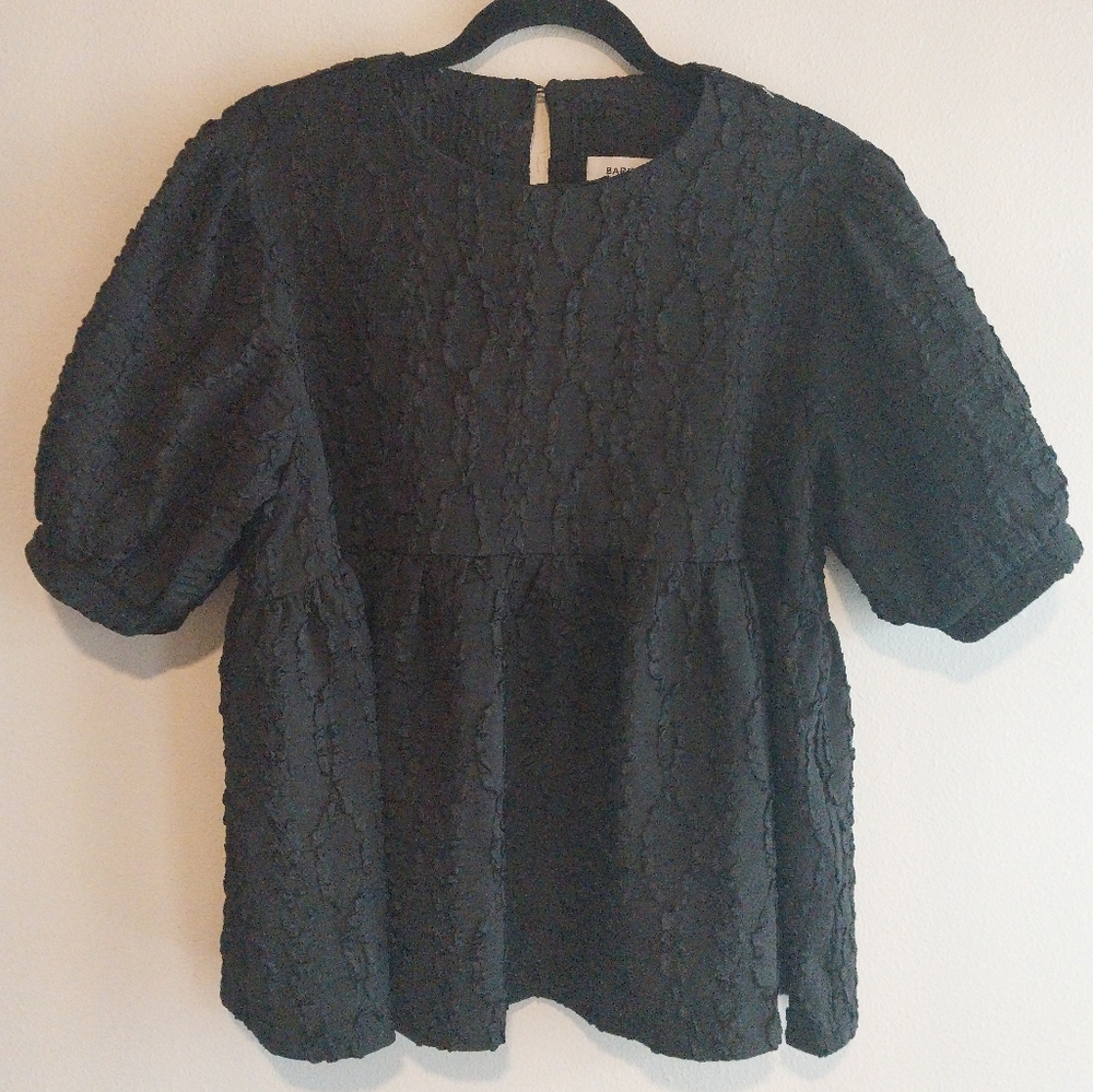 Barcode Black Textured Short Puff Sleeve Babydoll Top
